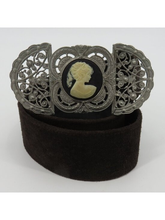 Ben Amun Women Small Brown Suede Leather Silver Metal Cameo Belt Isaac Manevitz main image 6